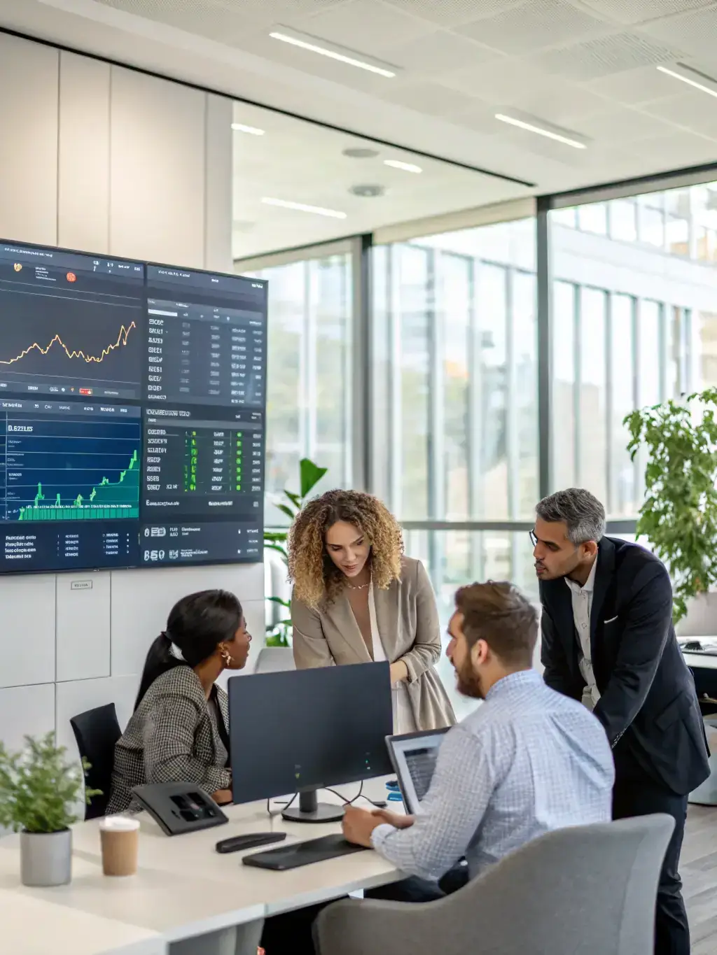 A diverse team collaborating around a digital display showcasing real-time customer feedback analysis powered by AI, set in a modern, open-plan office.