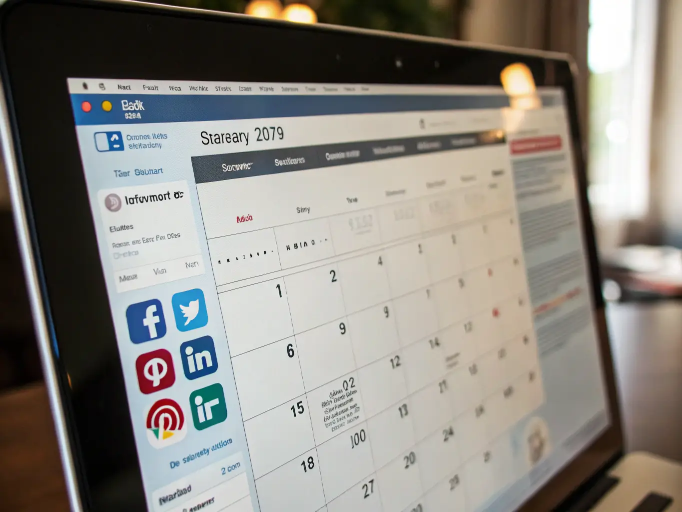 A close-up shot of a calendar interface displaying scheduled social media posts, highlighting the on-time publishing feature of Stratcom's social media management service. The interface is clean and professional, with clear indicators for scheduled posts and deadlines.