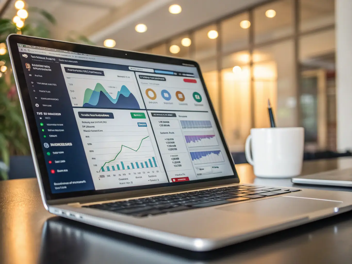 A professional-looking dashboard displaying key social media metrics and analytics, emphasizing the detailed monthly reports provided by Stratcom. The dashboard includes charts, graphs, and key performance indicators (KPIs).