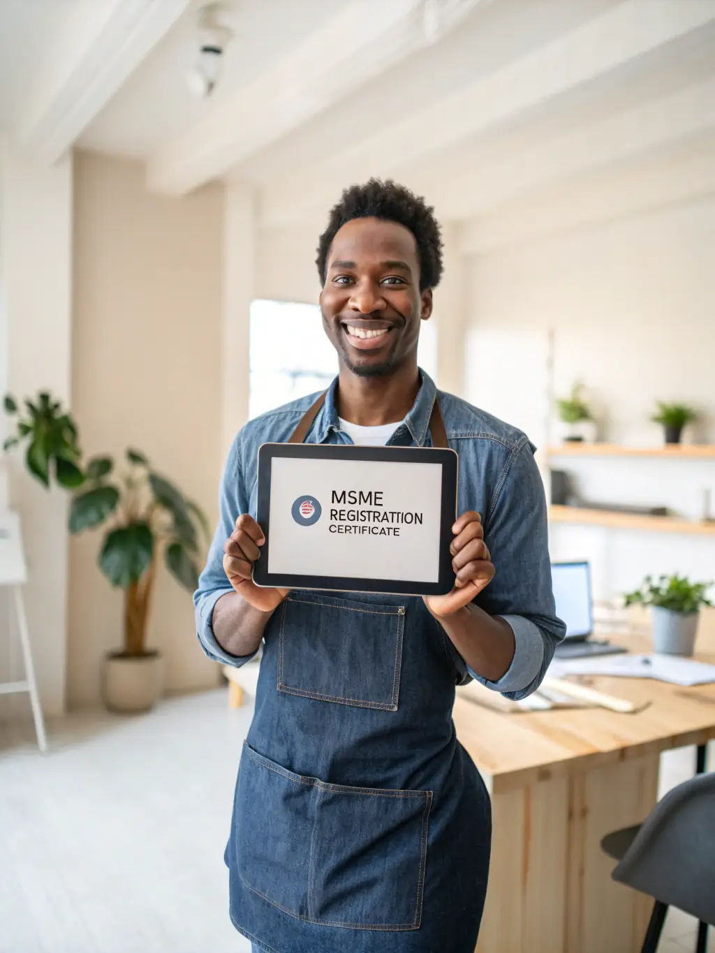 A professional MSME business owner in Eswatini smiles confidently while reviewing website analytics on a tablet, showcasing the power of data-driven decisions.