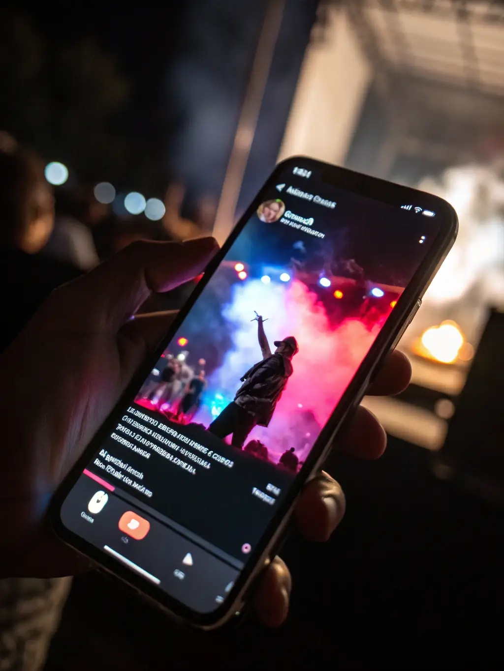 A hand holding a smartphone displaying engaging short-form video content, with a blurred background of a bustling city street.